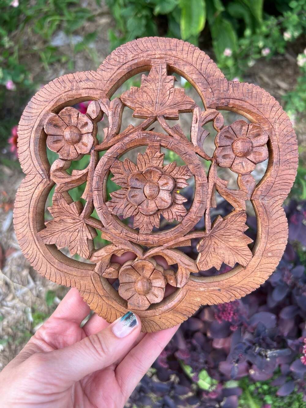 Vintage Hand Carved Wooden Trivet with Feet and Floral Leaf Design Made in India